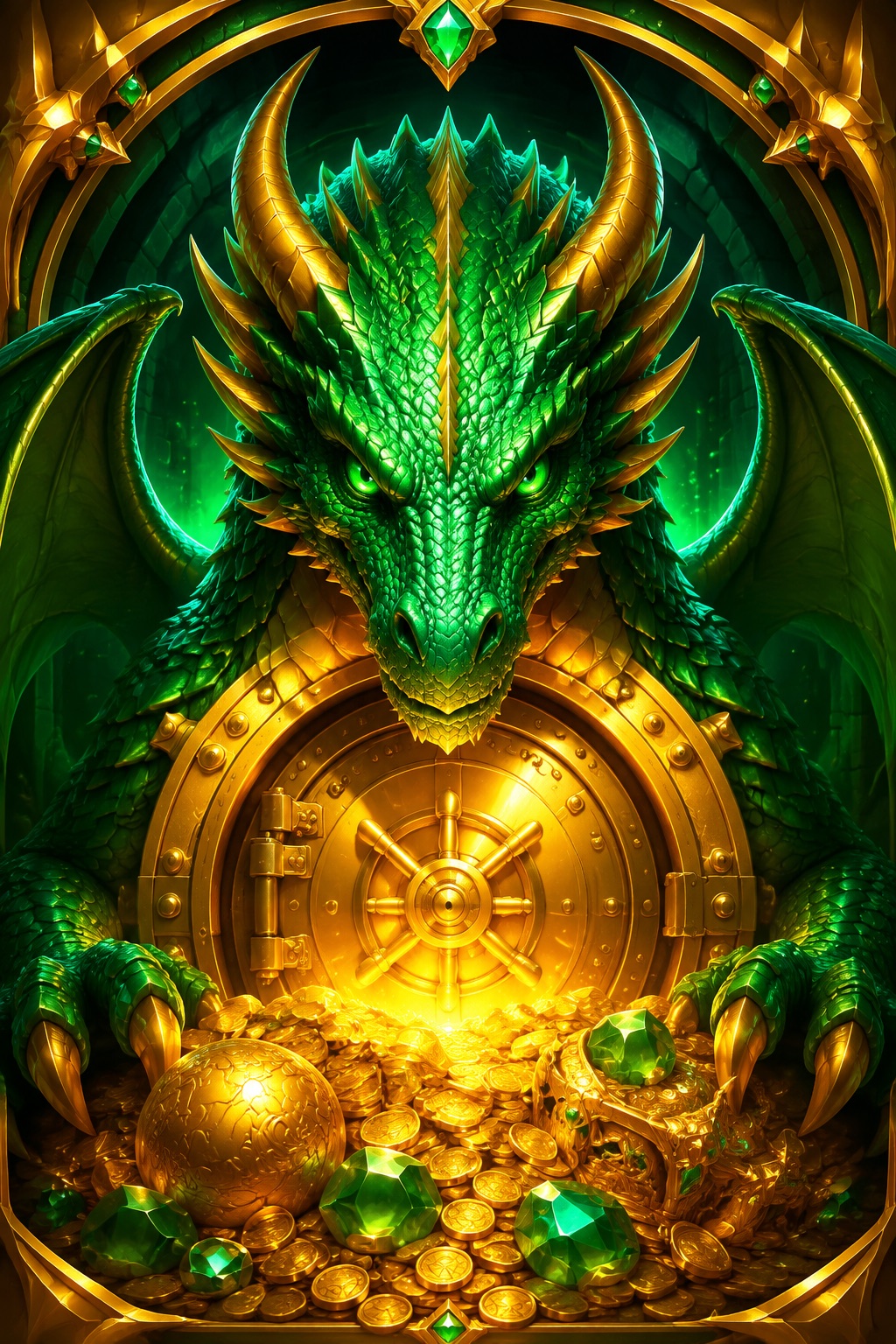 Grüner Drache vor einem goldenen Tresor