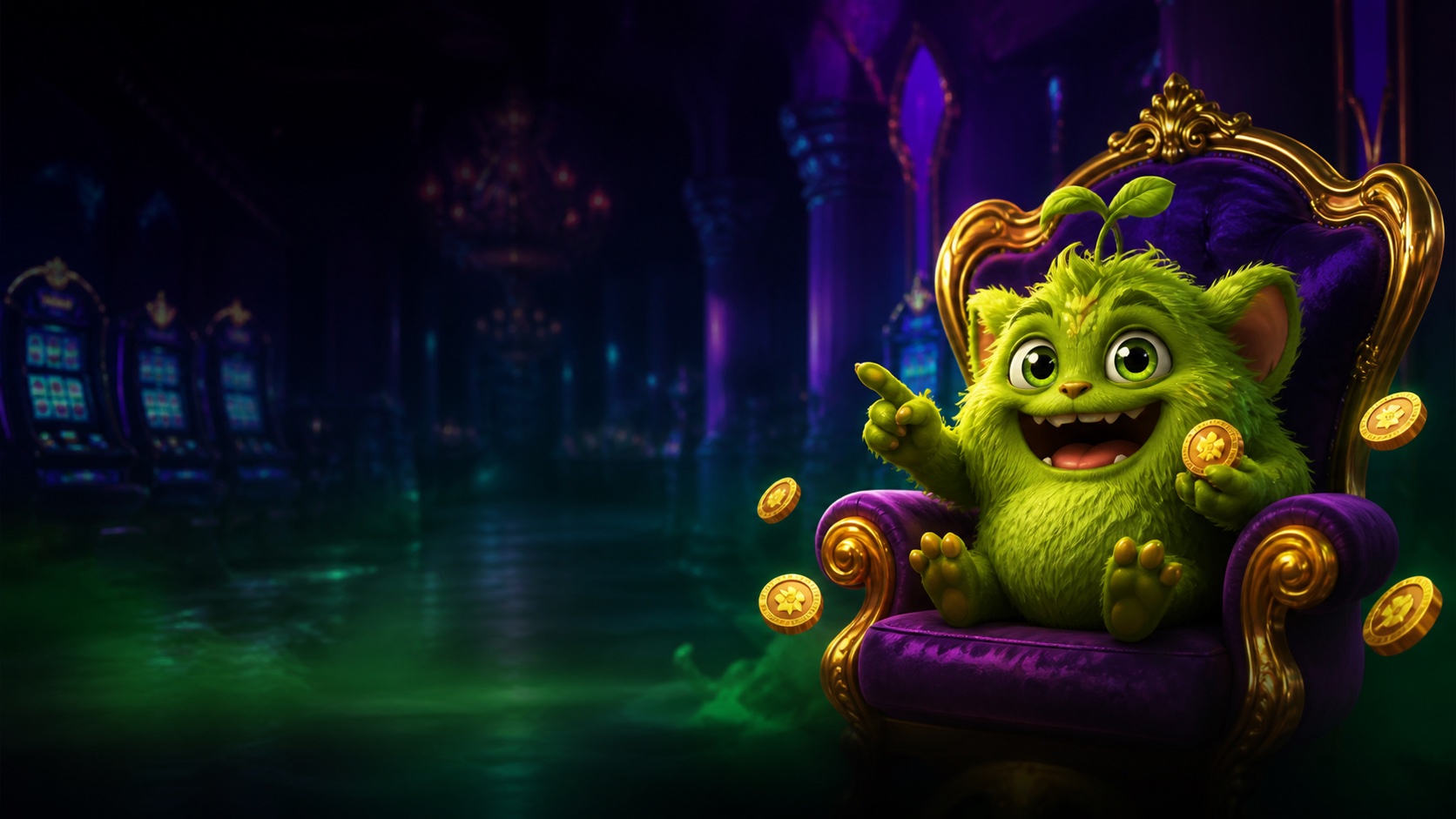 Grünes Fantasy-Wesen auf einem violetten Sessel in einer dunkel beleuchteten Casino-Lobby