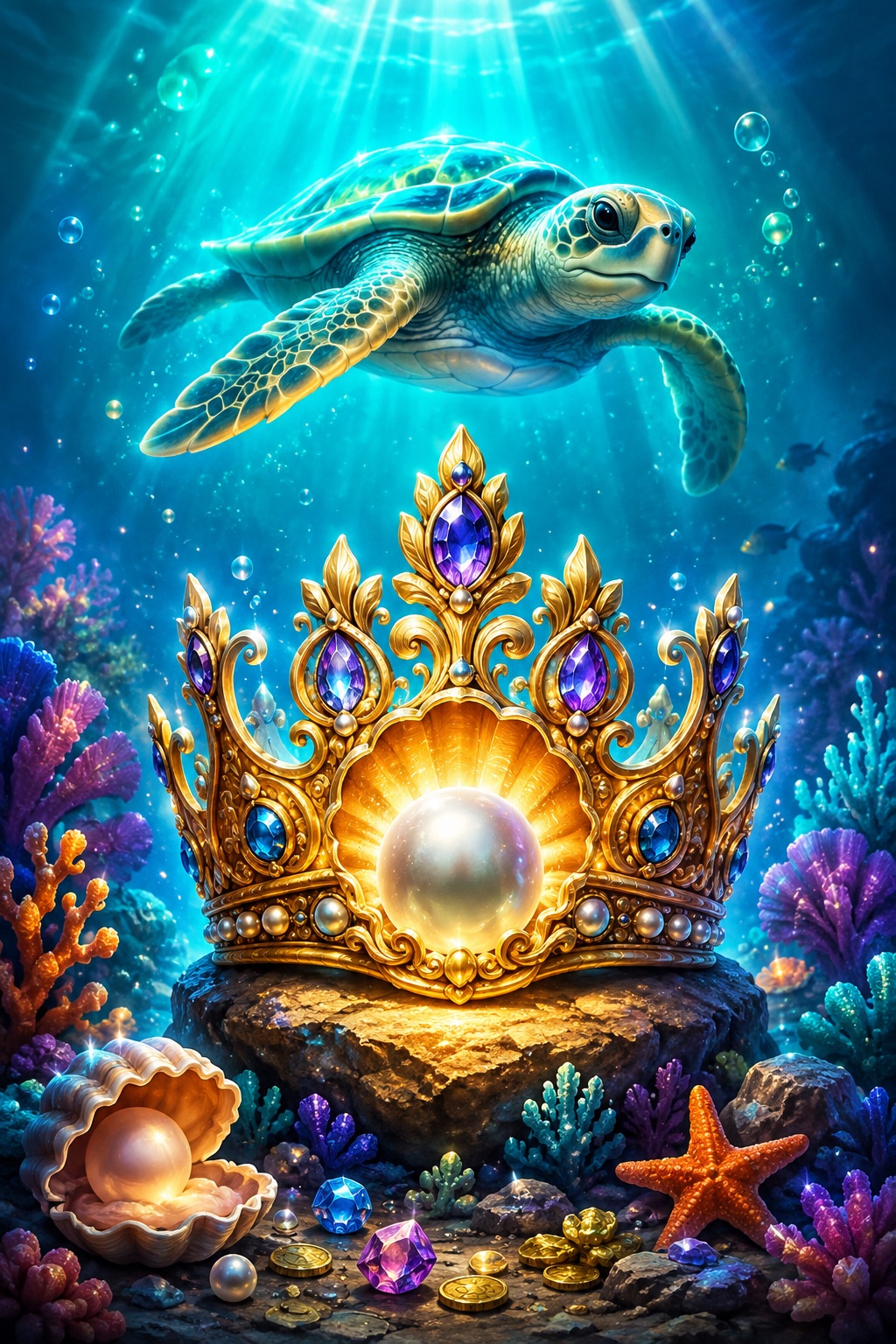 Goldene Meereskrone mit Perle und Schildkröte